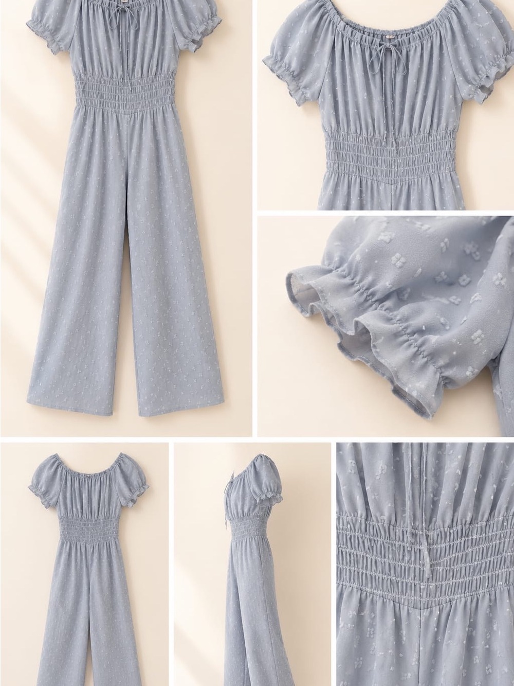 Smocked Waist Light Blue Wide-Leg Jumpsuit